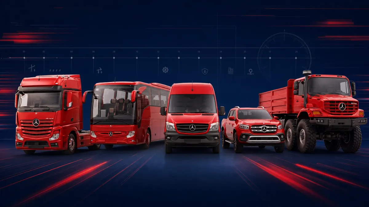 A commercial vehicle fleet against an operational timeline graphic