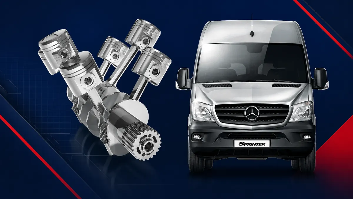 Sprinter van beside an engine mechanism on a King Truck branded background