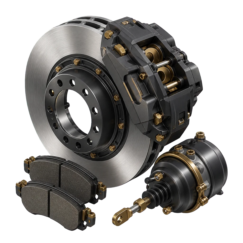 Heavy truck brake disc, caliper, pads, and actuator