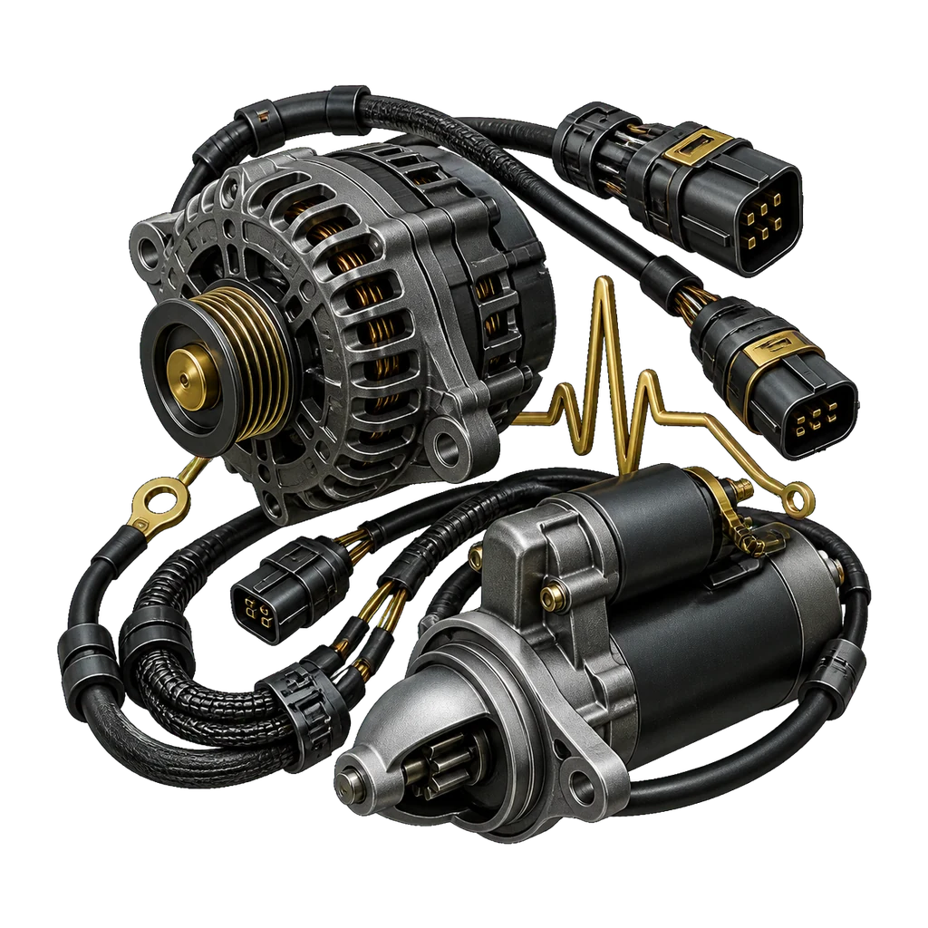 Commercial vehicle alternator, starter, and wiring system